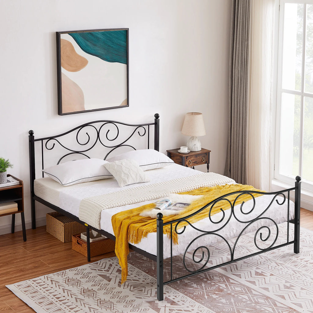 Metal Platform Bed Frame with Victorian Headboard and Footboard, Full Size, Black M718