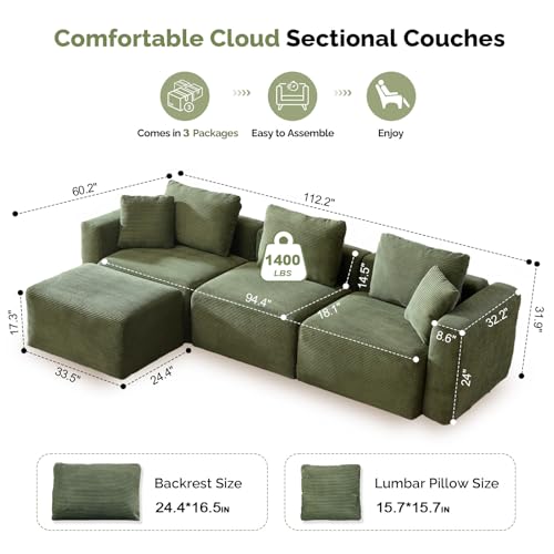 Convertible Corduroy L-Shaped Sectional Sofa with Ottoman K956670