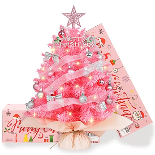 20" Pink Artificial Christmas Tree with Lights and Star Treetop U25457