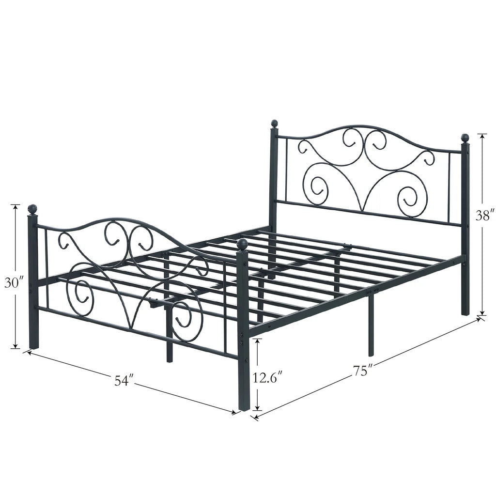 Metal Platform Bed Frame with Victorian Headboard and Footboard, Full Size, Black M718