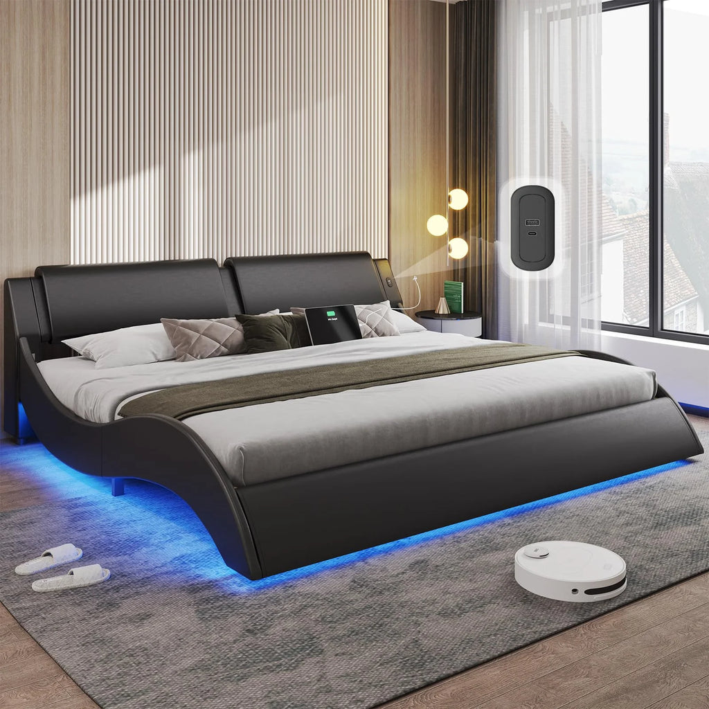 Queen Upholstered Led Bed Frame Faux PU Leather Black White T65042