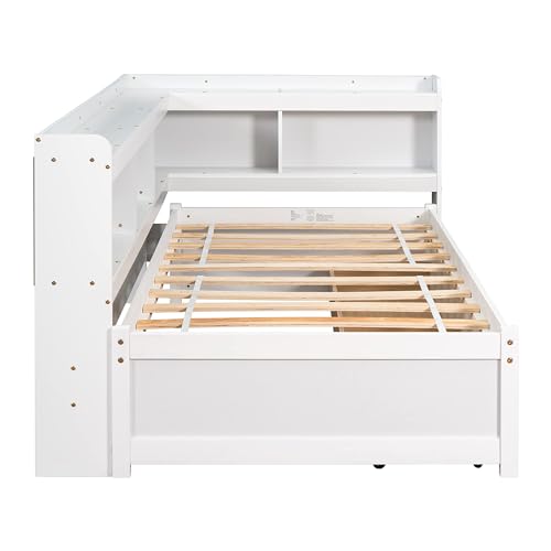 White Twin Size Wooden Bookcase Bed with Storage Drawers M2143
