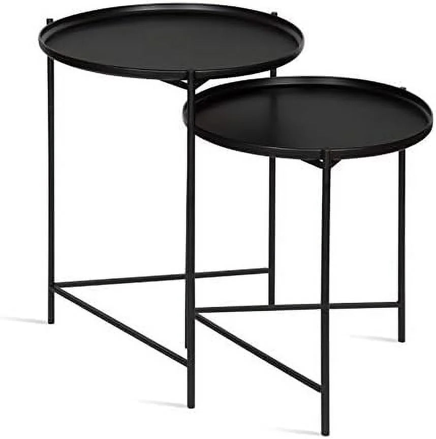 Set of 2 Natural Wood and Black Metal End Tables T156