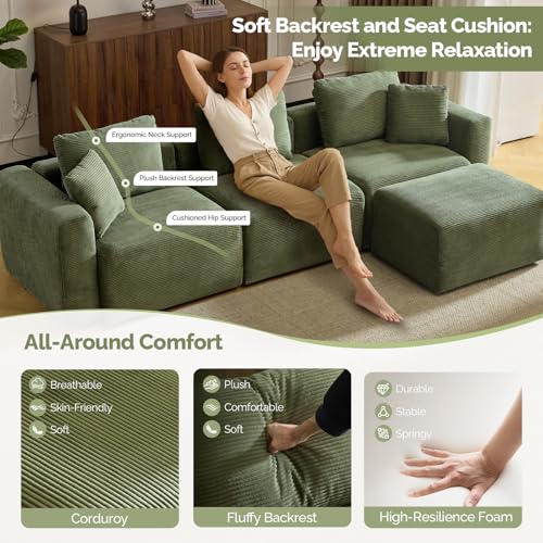 Convertible Corduroy L-Shaped Sectional Sofa with Ottoman K956670