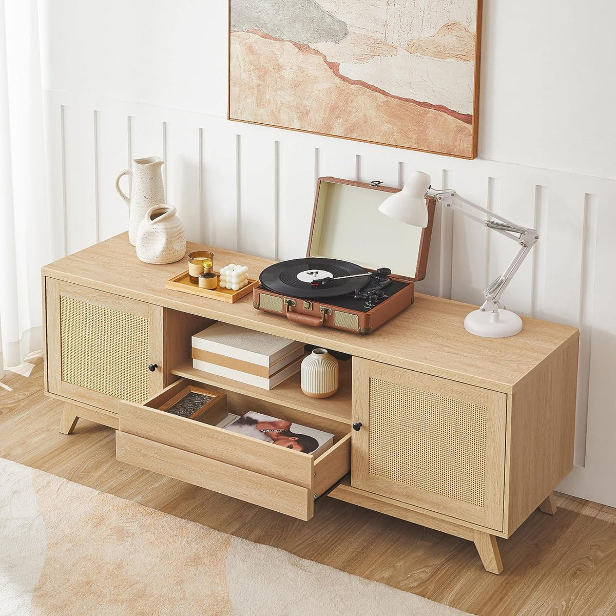 Rattan TV Stand for up to 65 inches TV with Charging Station J3921