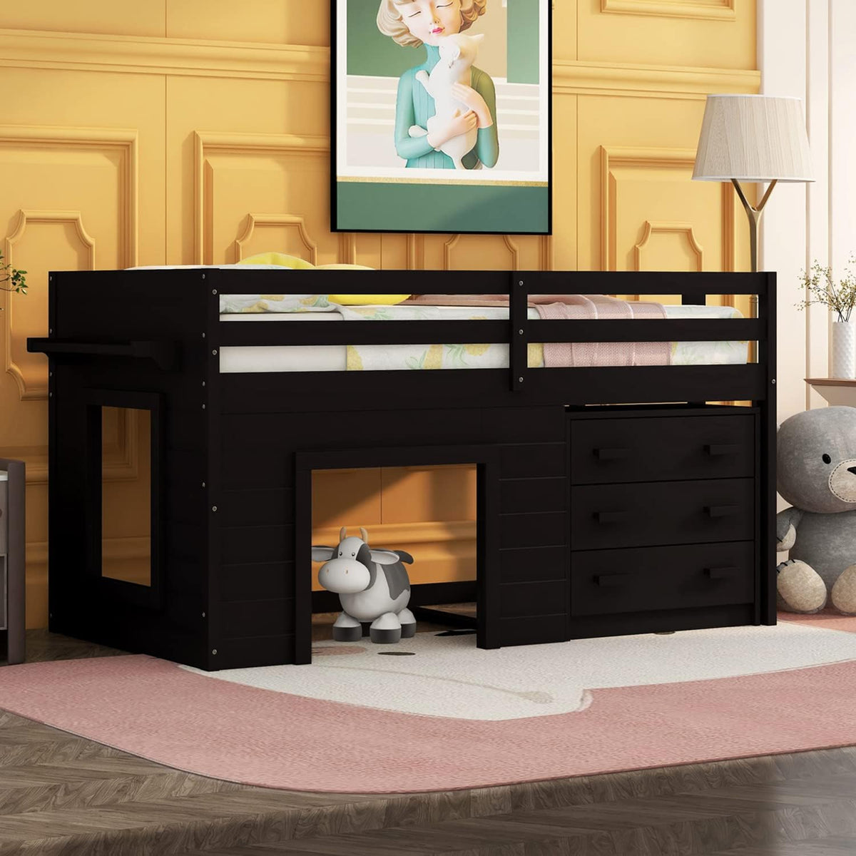 White Wood Twin Loft Bed with Storage Drawers R83058