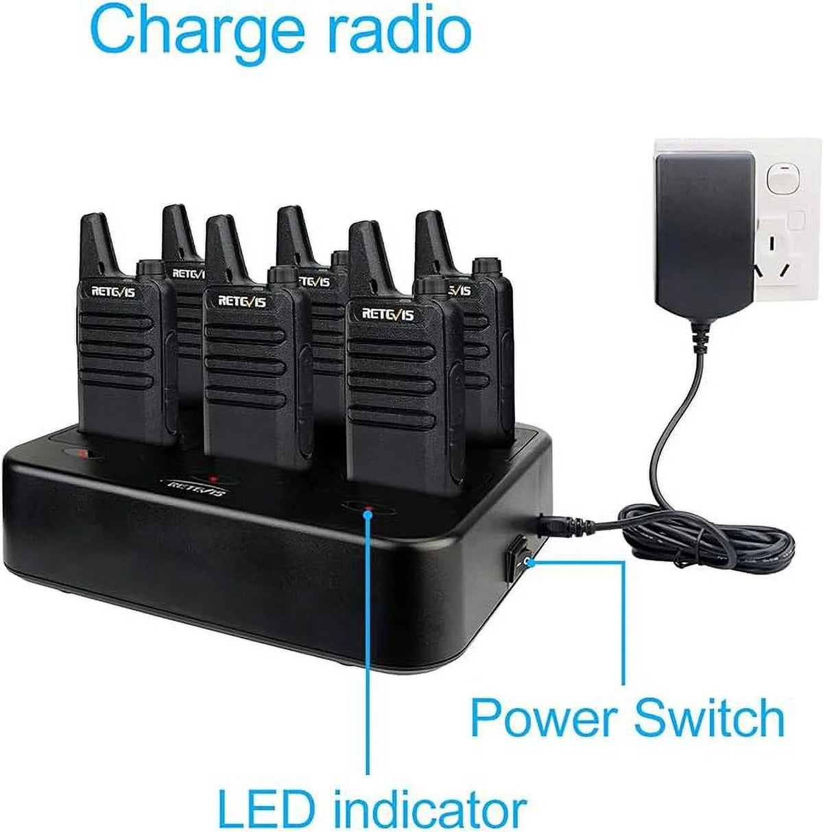6 Pack Rechargeable Two Way Radios with Multi Gang Charger V753