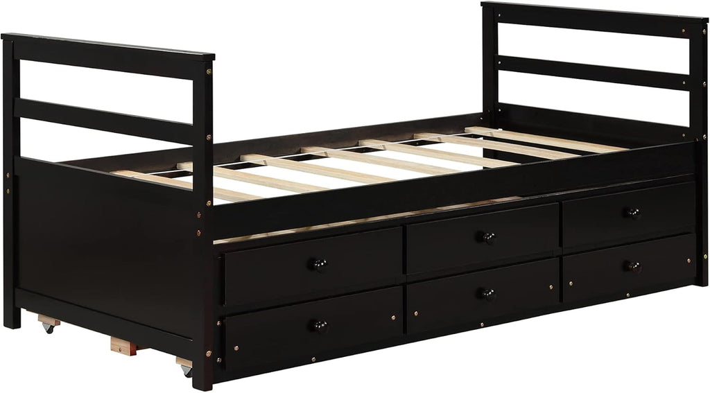 Twin Wood Platform Daybed Frame with Trundle and 3 Storage Drawers O85522