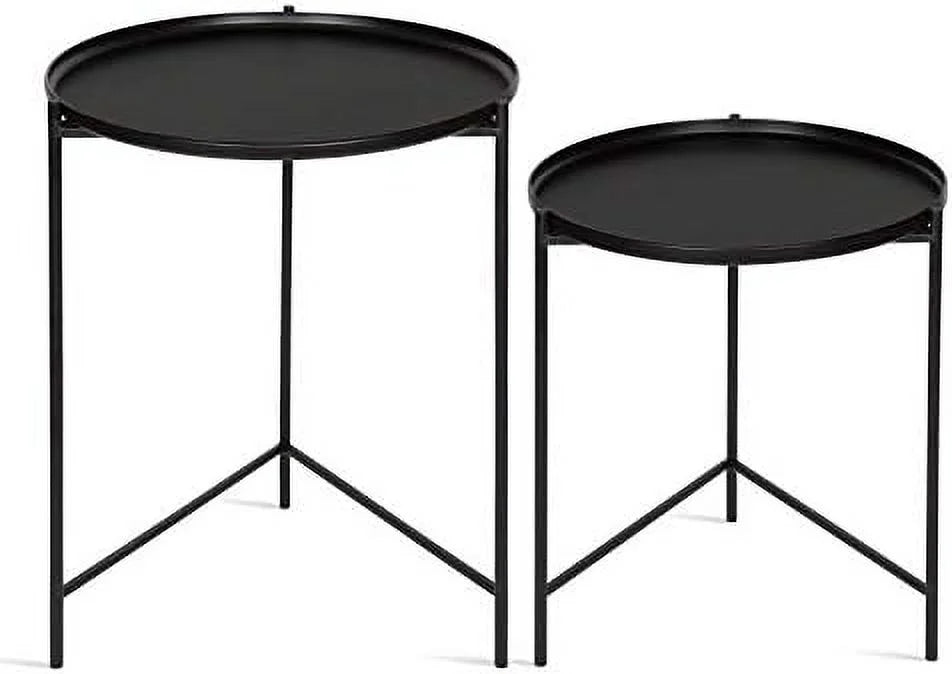Set of 2 Natural Wood and Black Metal End Tables T156