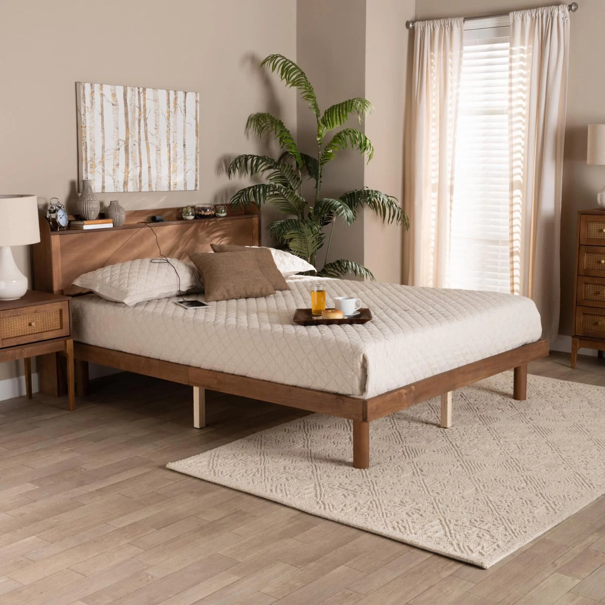 Brown Wood Queen Size Platform Bed with Charging Station Z818486