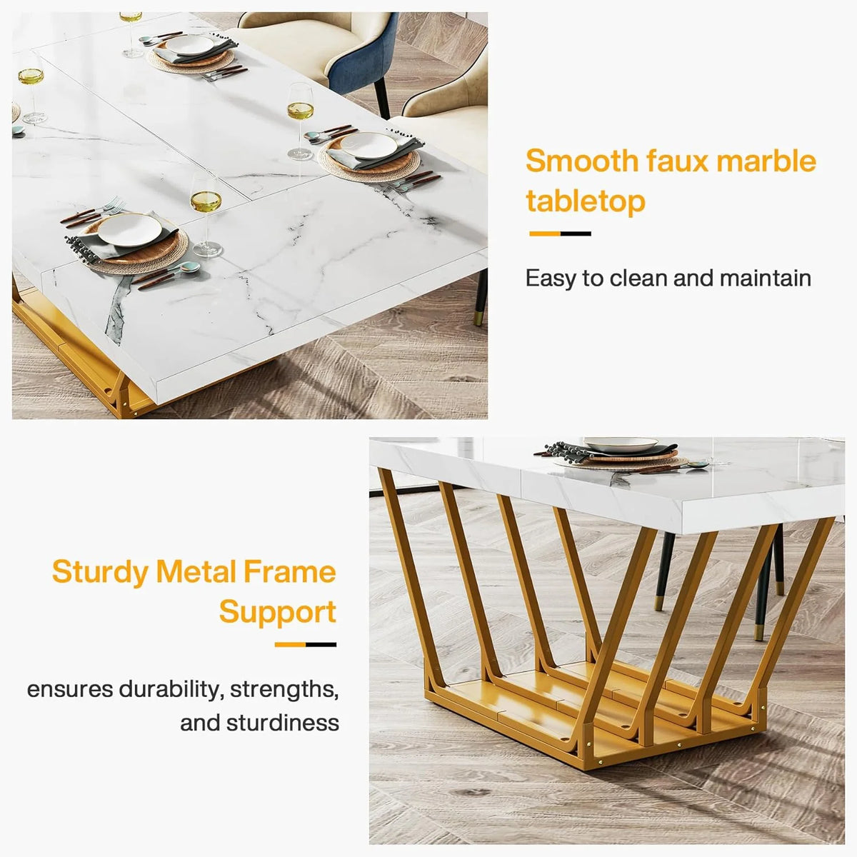 63" Rectangular Dining Table with Faux Marble Top Q420