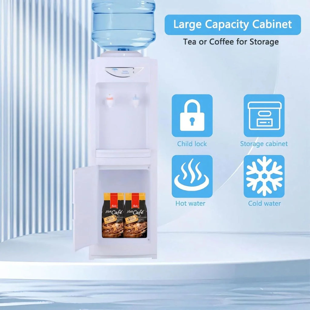 White Top Loading Hot and Cold Water Dispenser for 5 Gallon Bottle with Storage Cabinet & Child Safety Lock Y7858