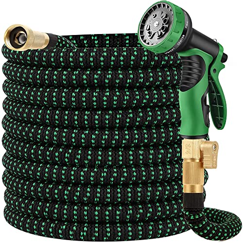 50 ft Expandable Garden Hose with 3/4" Solid Brass Fittings and 10 Pattern Spray Nozzle F726