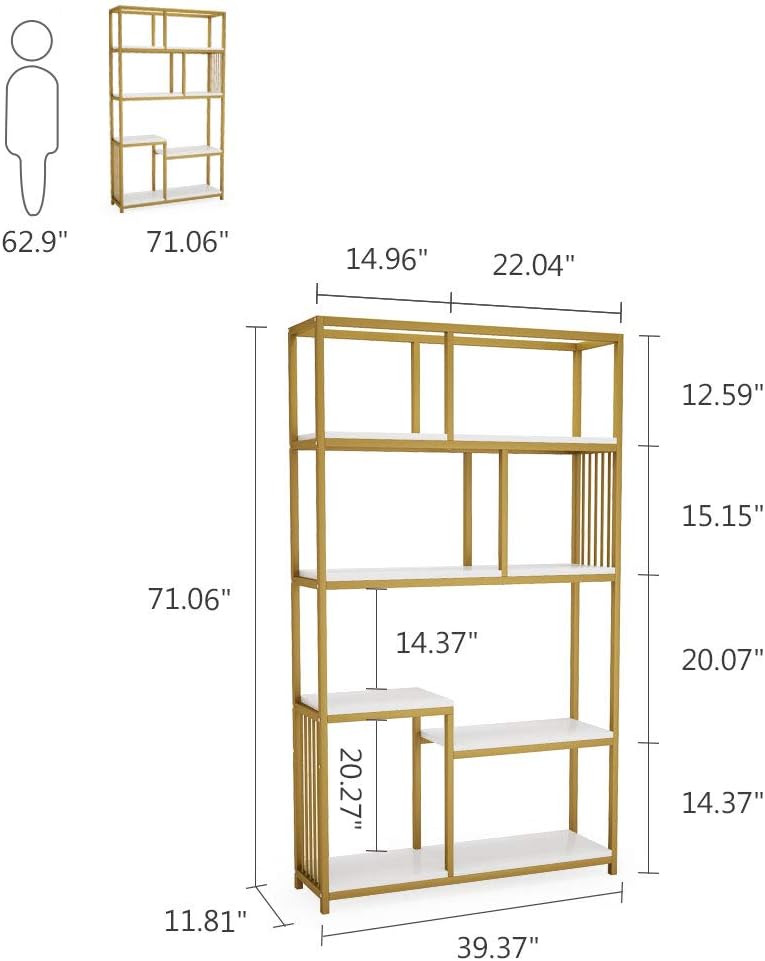 7-Open Shelf Etagere Bookcase with Gold Metal Frame E1497
