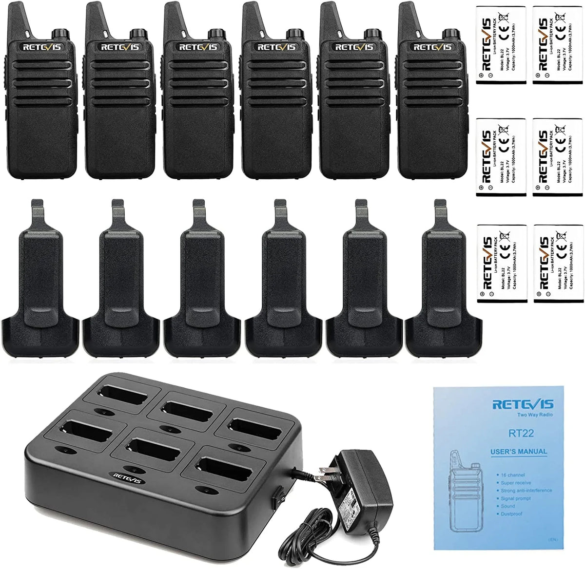 6 Pack Rechargeable Two Way Radios with Multi Gang Charger V753