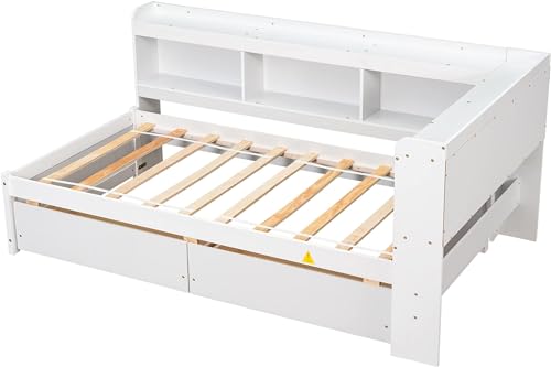 White Twin Size Wooden Bookcase Bed with Storage Drawers M2143