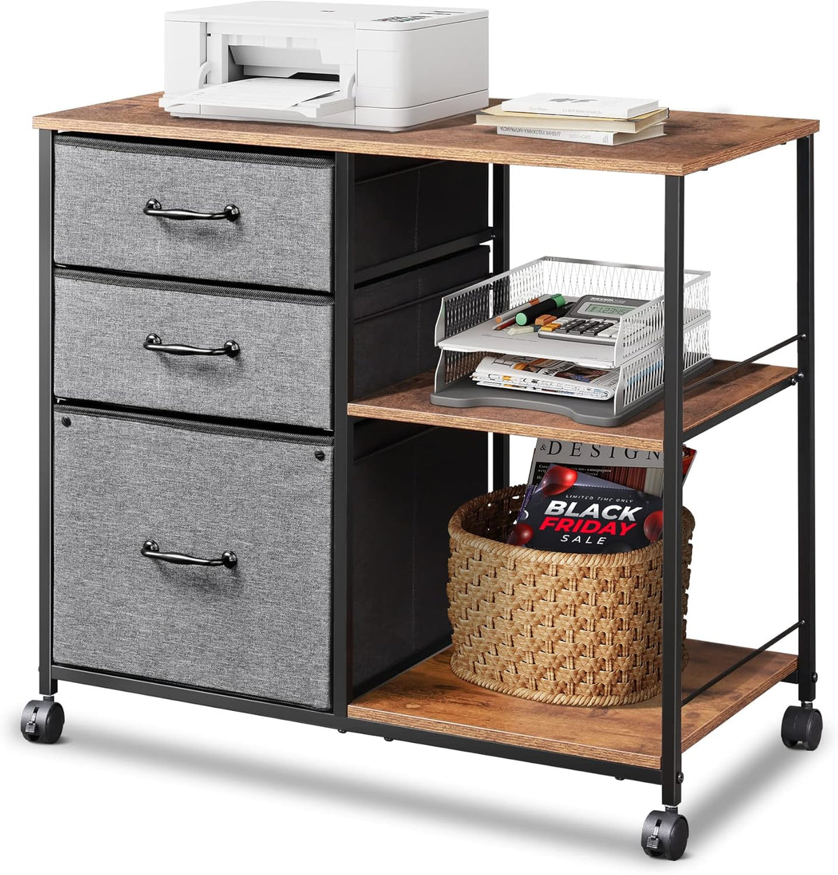 Black 3 Drawer Mobile File Cabinet with Open Storage Shelf Q352