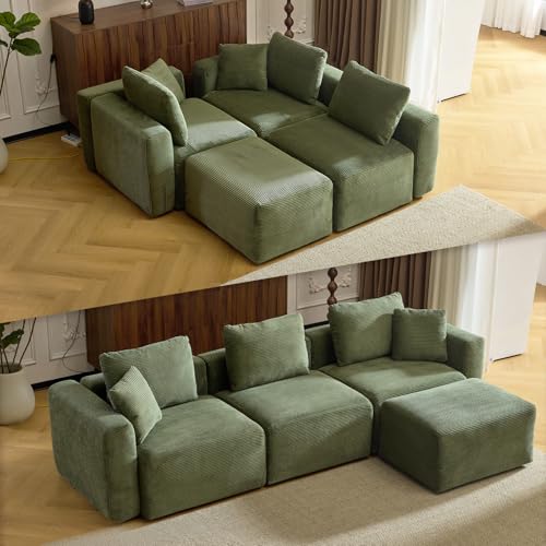Convertible Corduroy L-Shaped Sectional Sofa with Ottoman K956670