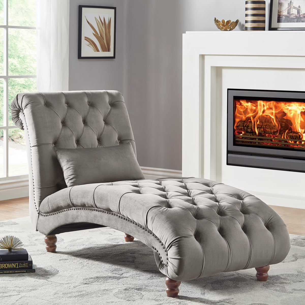 Grey Velvet Tufted Lounge Chair with Matching Pillow X522