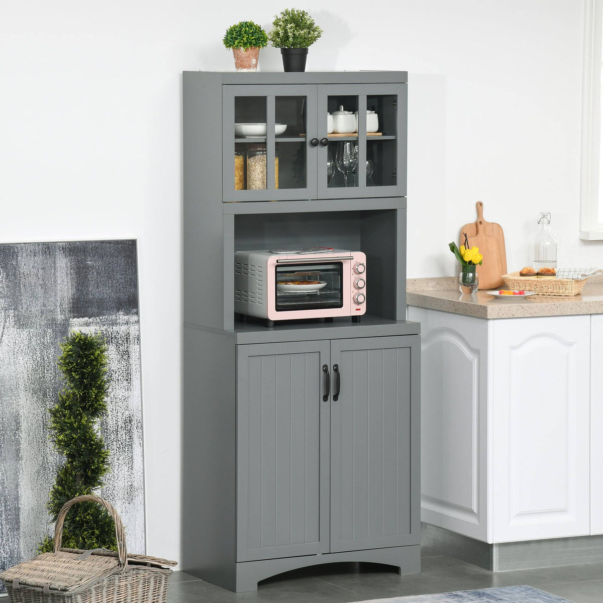 Grey Wooden Buffet and Hutch with Glass Framed Door O2873