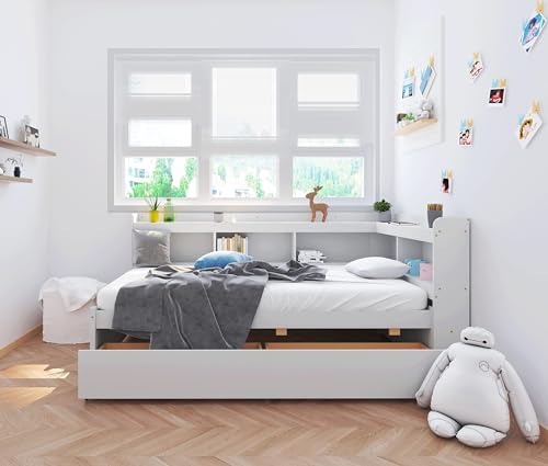 White Twin Size Wooden Bookcase Bed with Storage Drawers M2143