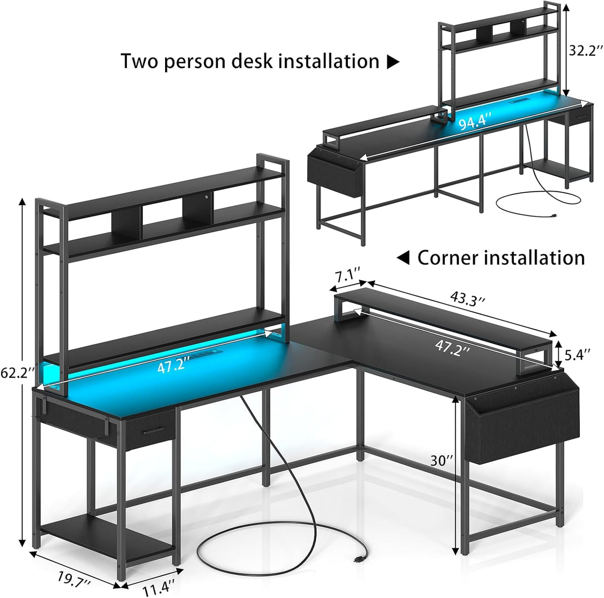 L Shaped Gaming Computer Desk with Monitor Shelf, Power Outlets & LED Lights R26523