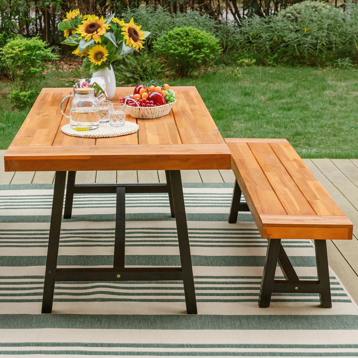 6-Piece Outdoor Dining Set with Acacia Wood Table, Bench and Wicker Chairs with Cushions C7012