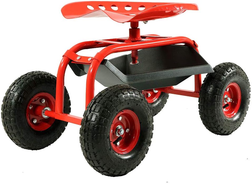 Red Rolling Garden Cart with 360 Swivel Seat F146077