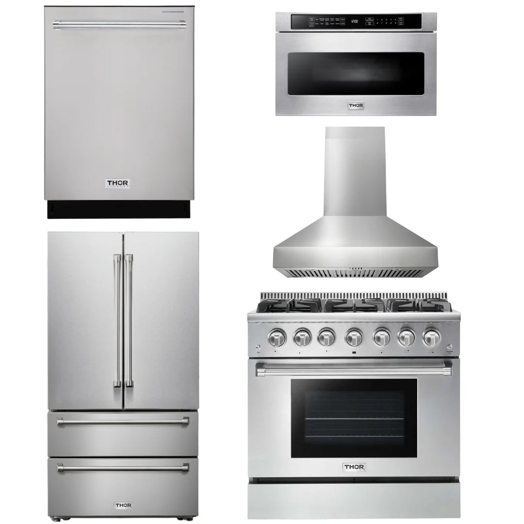 36 In. Natural Gas Range, Range Hood, Microwave Drawer, Refrigerator, Dishwasher R68981