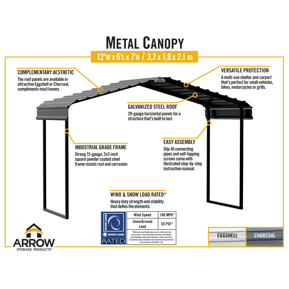 Arrow Metal Canopy 12 x 6 x 7ft. Eggshell Width 146 in Height 102 in Steel O116090
