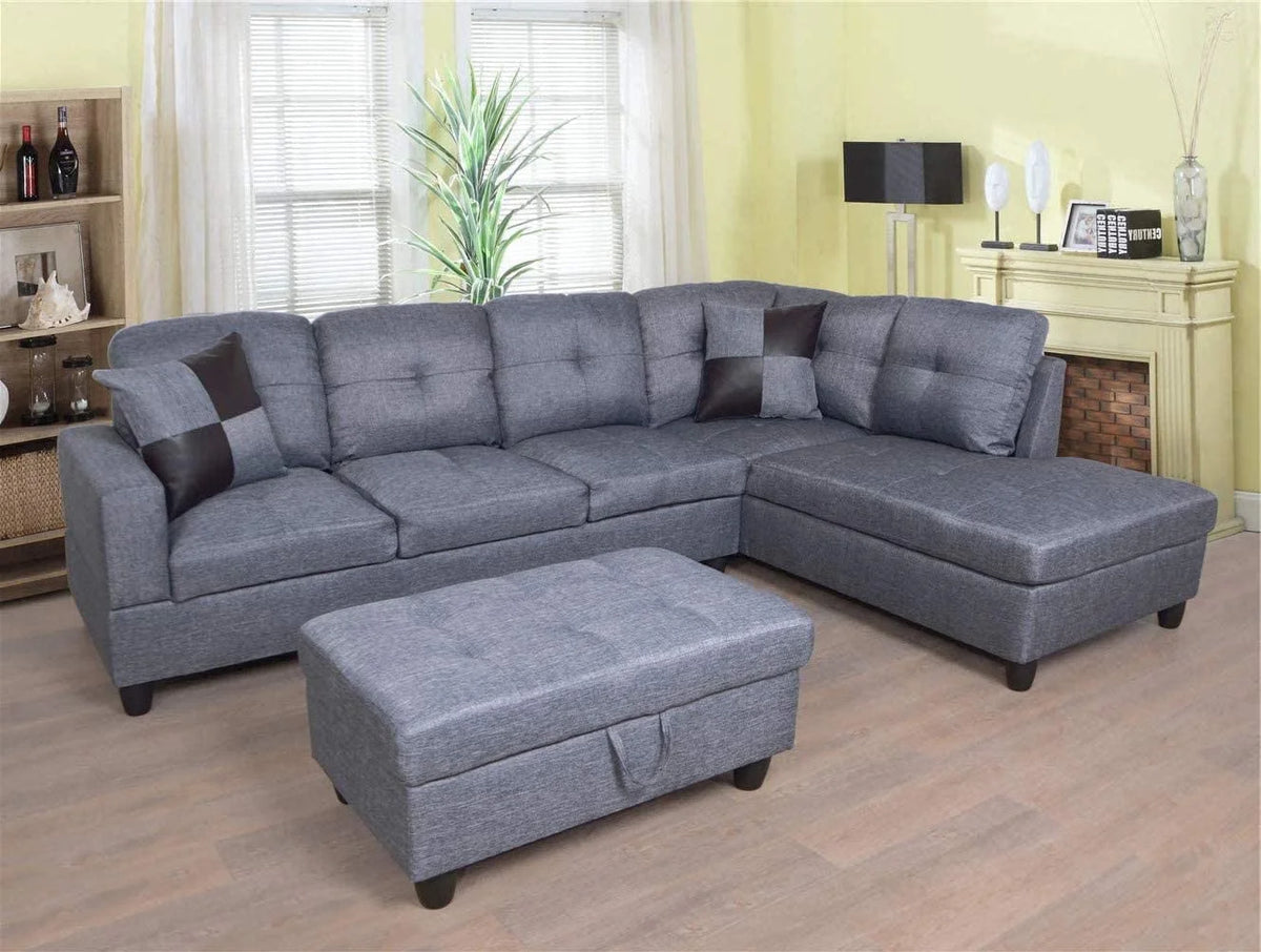103" Wide Linen Right Hand Facing Sofa & Chaise with Ottoman Grey C419