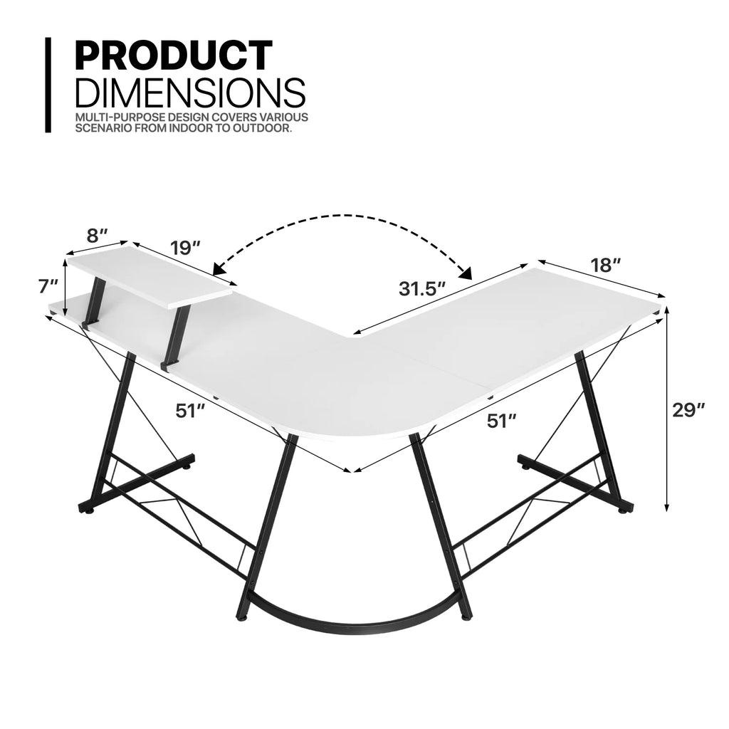 White L Shaped Corner Gaming Desk with Monitor Stand D290