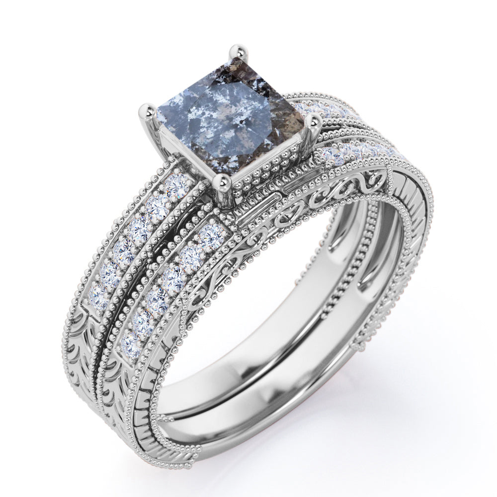 1 Carat Princess Cut Gray Salt and Pepper Diamond Bridal Set in 18K White Gold Plating over Silver D8461