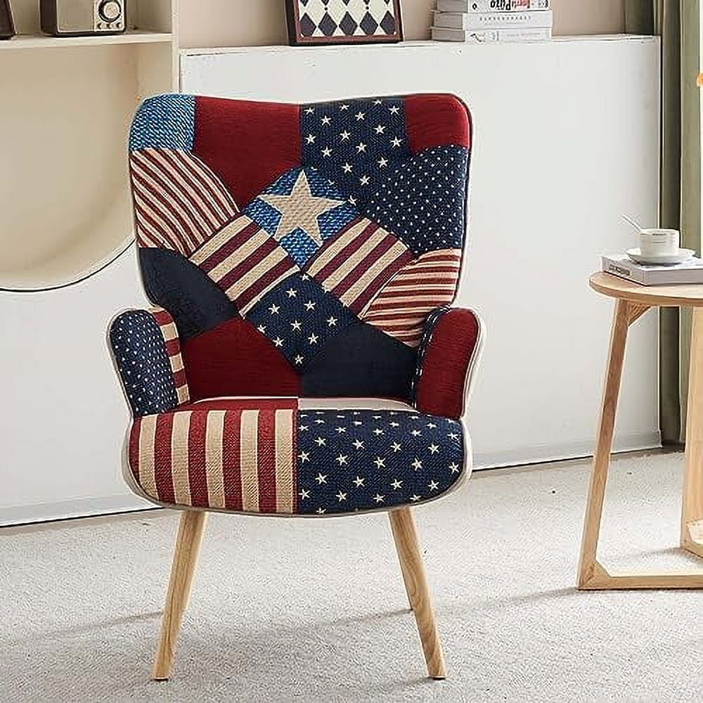 Grey Plaid Upholstered Accent Chair with Wooden Base N573