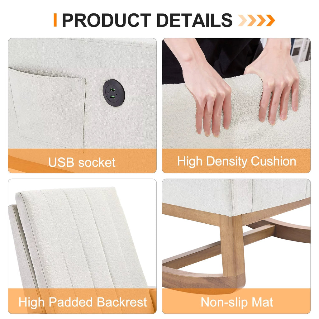 Mid-Century Rocking Nursery Chair with USB Ports and Storage Pockets Y4795