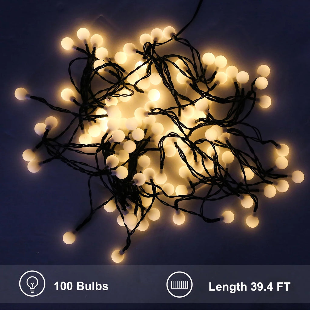 Solar-Powered Globe String Lights 39 ft 100 LED with Remote Control, 8 Modes, Waterproof Warm White T8709