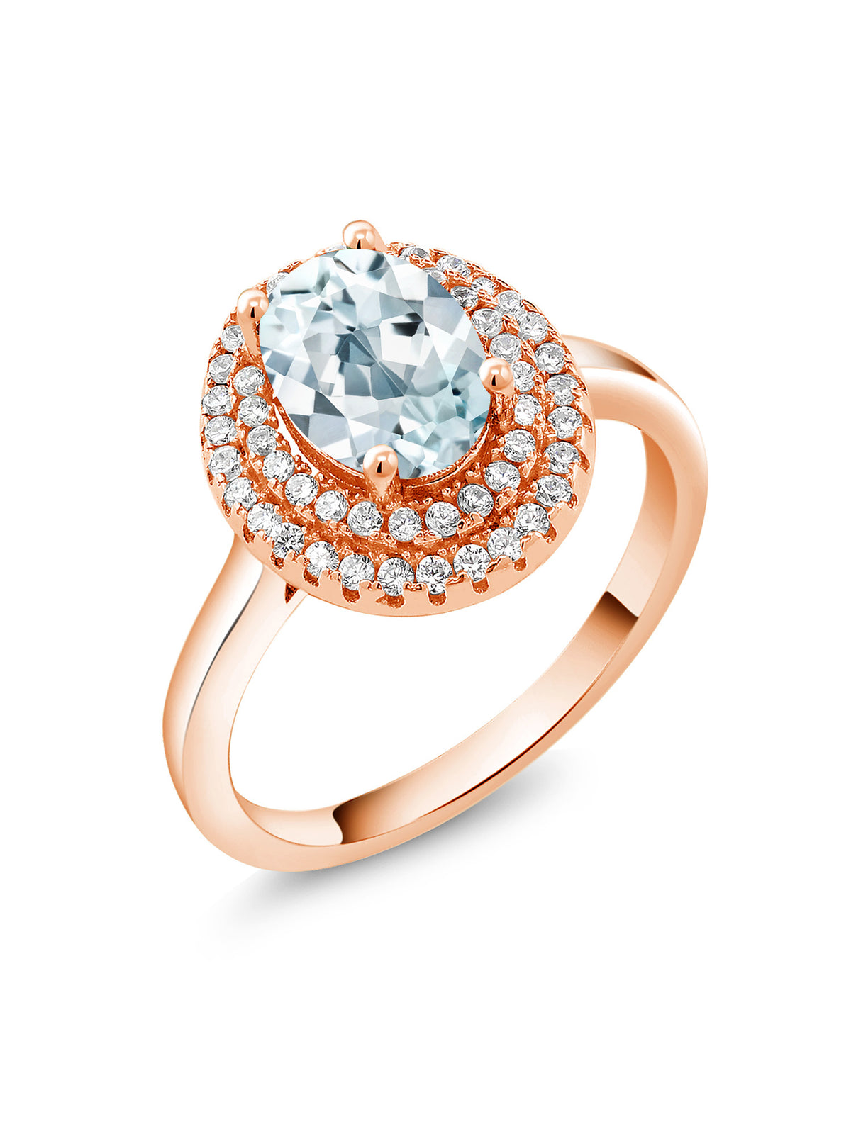 18K Rose Gold Plated Silver Oval Sky Blue Aquamarine Halo Engagement Ring H93864