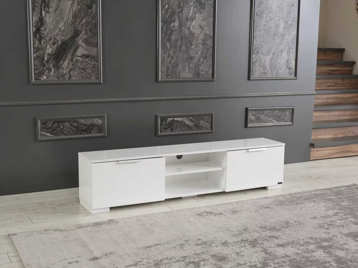 White Mid Century Tv Stand with Shelf L1815
