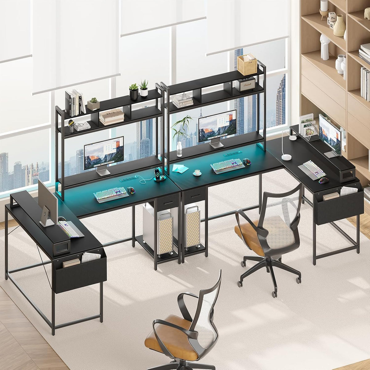 L Shaped Gaming Computer Desk with Monitor Shelf, Power Outlets & LED Lights R26523