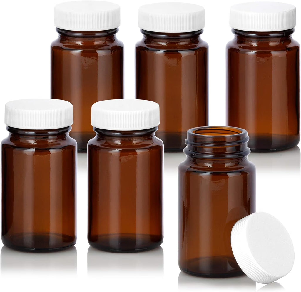Amber Glass Wide Mouth Packer Bottle With White Ribbed Lid (6 Pack) S1270