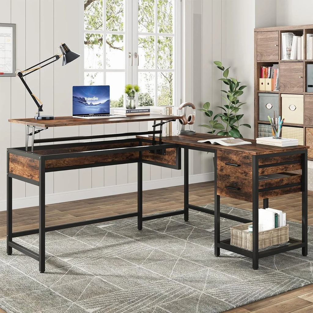 L-Shaped 59" Computer Desk with Drawers Corner Desk with Lift Top S144