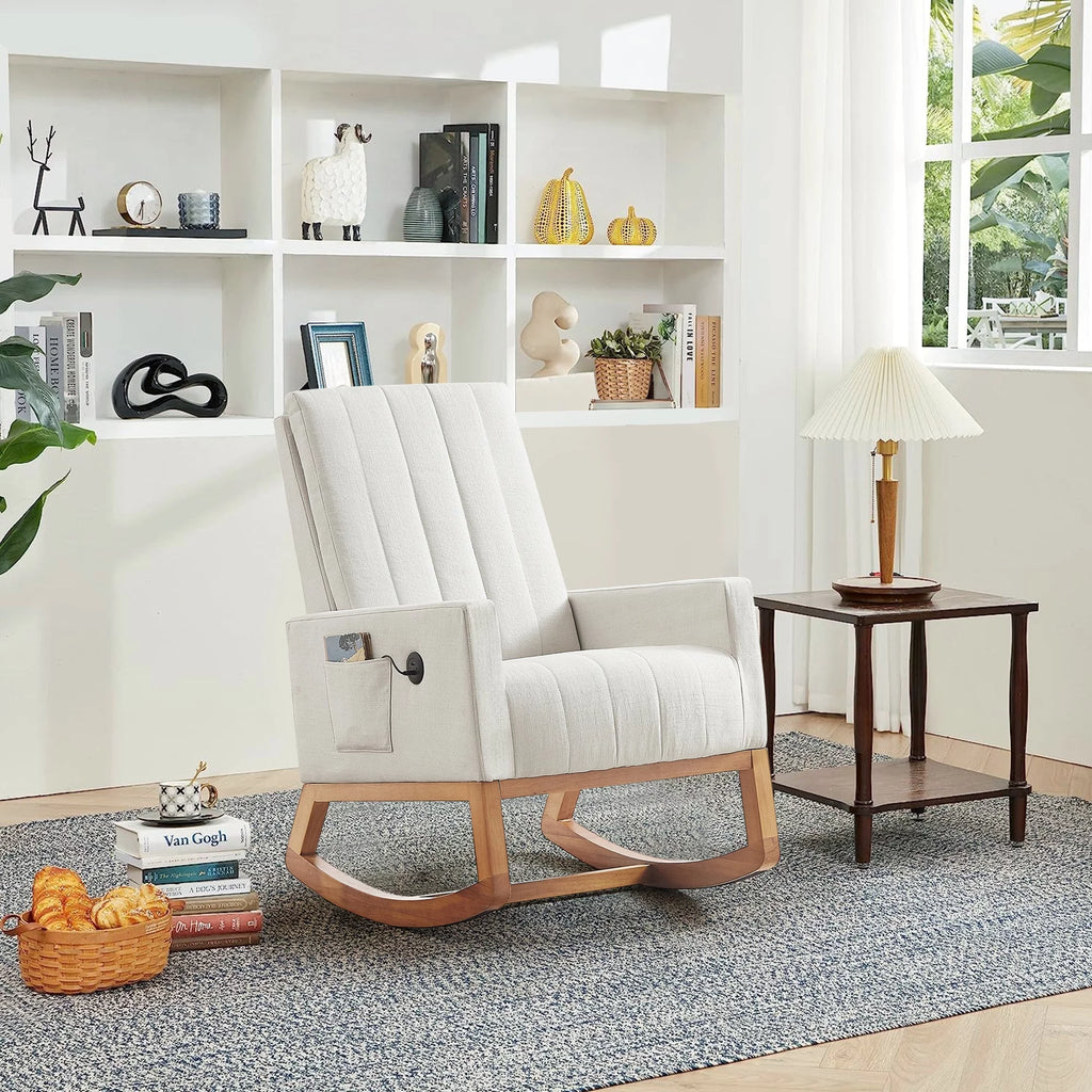 Mid-Century Rocking Nursery Chair with USB Ports and Storage Pockets Y4795