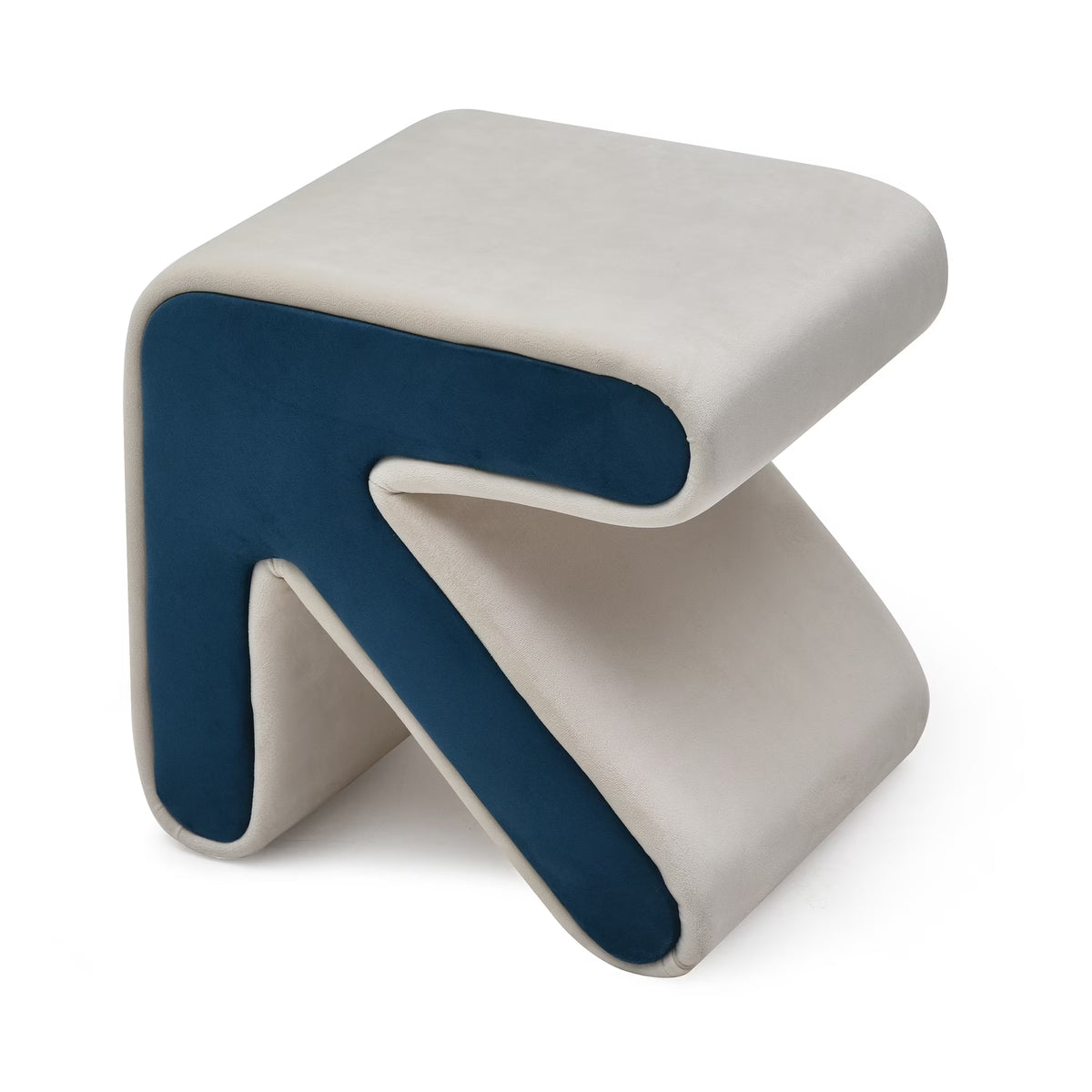 Beige Blue Velvet Ottoman Footstool Y28880