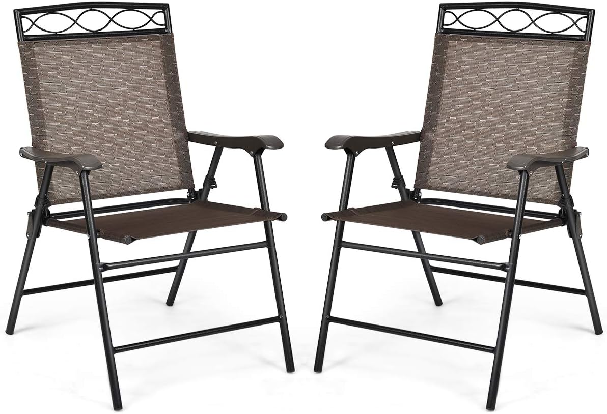 Set of 2 Brown Folding Outdoor Chairs with Armrest and Metal Frame H47634