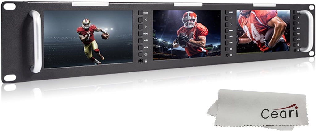 Triple 5 Inch 800x480 Pixel Rack Mount LCD Monitor with 3G-SDI, HDMI, AV Input and Output with Microfiber Cloth I6067