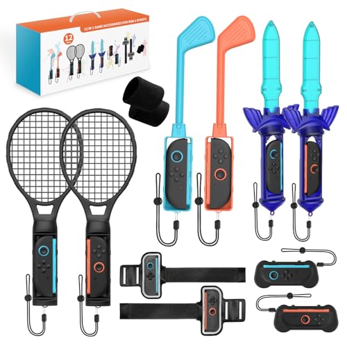 Switch Sports Games Accessories Bundle, 10 in 1 Family Party Pack with Tennis Rackets, Golf Clubs, Leg Straps & Joycon Grips I466144