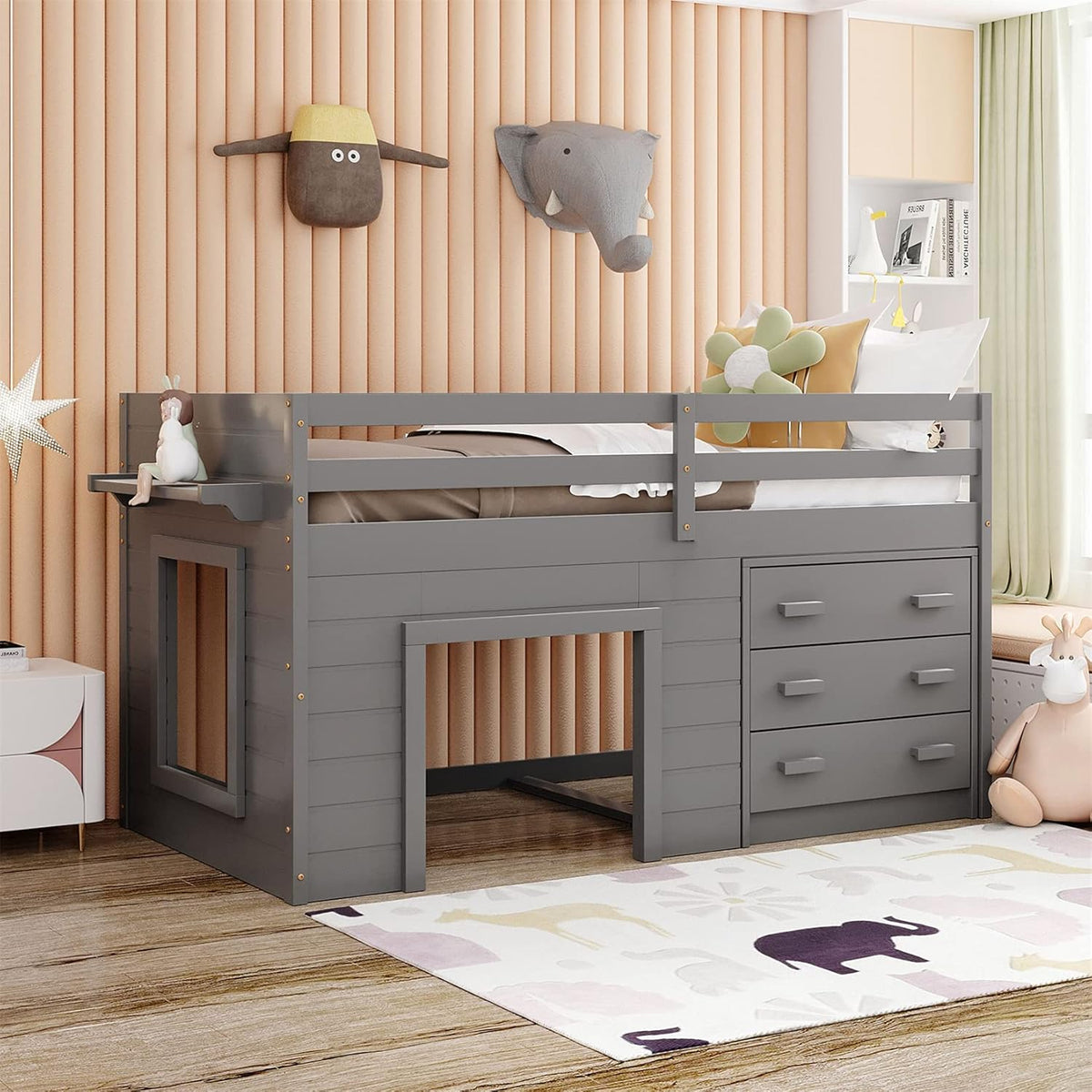 White Wood Twin Loft Bed with Storage Drawers R83058