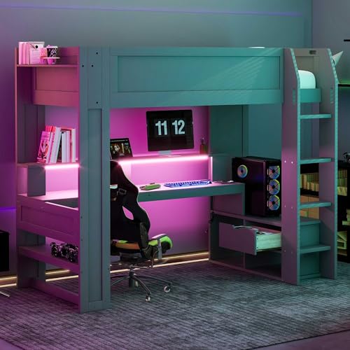 Dark Gray Wood Twin Size Gaming Loft Bed with Desk and Shelves Q7850