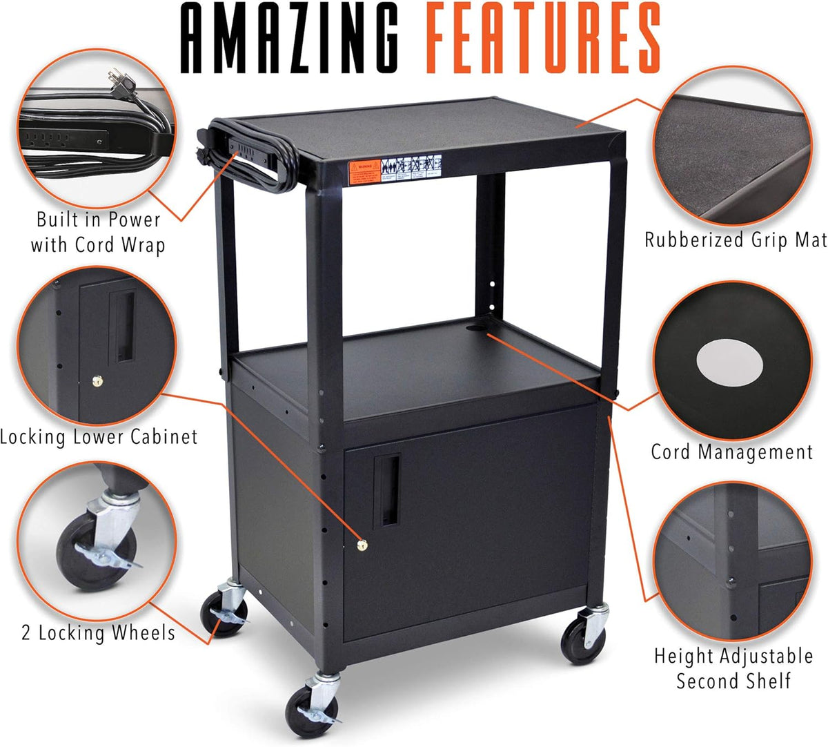 Black Height Adjustable AV Cart with Locking Cabinet H62456
