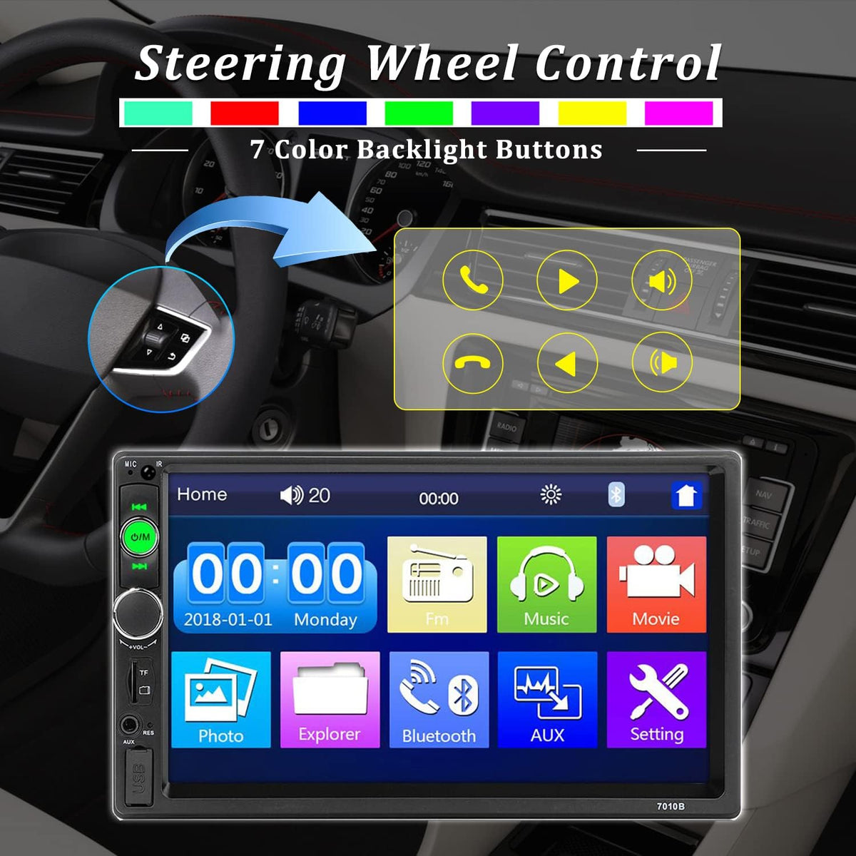Double Din 7 Inch Touch Screen Bluetooth Car Stereo with Backup Camera G613